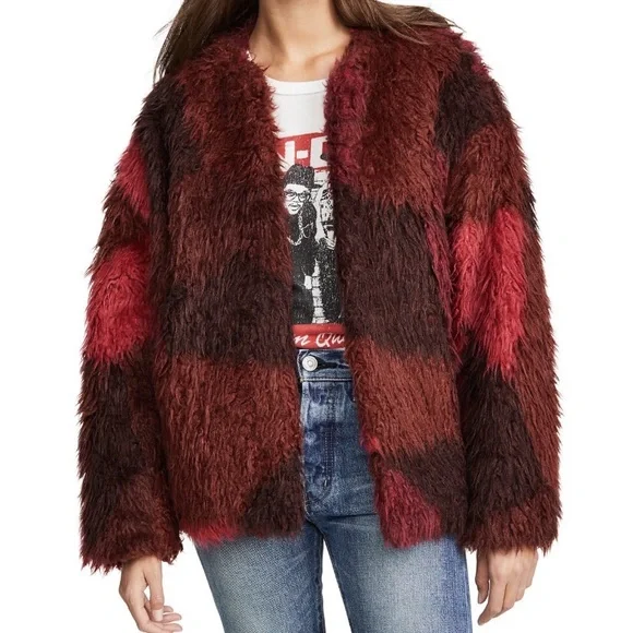 NEW IRO Sechura Patchwork-Effect Faux Fur Jacket *Mixed Red* Sz FR 44 / US 12 - Picture 3 of 16